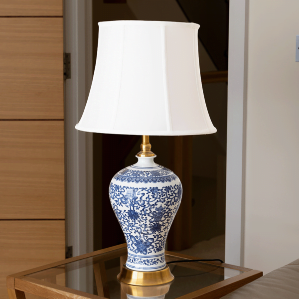Blue Flower Lamp with white shade