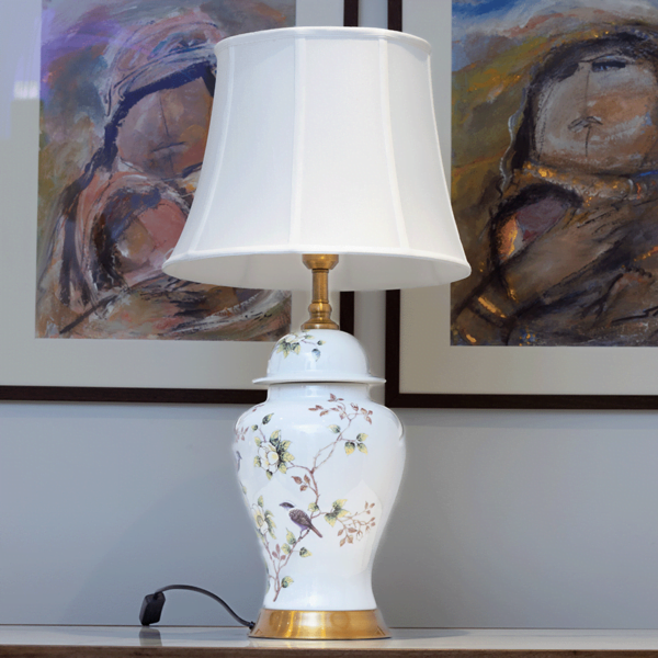 White lamp with painted flowers and birds