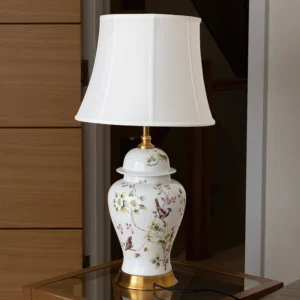 White lamp with painted flowers and birds