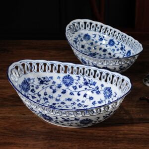 2 oval hand painted white and blue china set