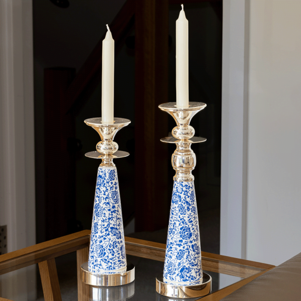 Two Silver plated candle holder with a lovely floral blue and white print