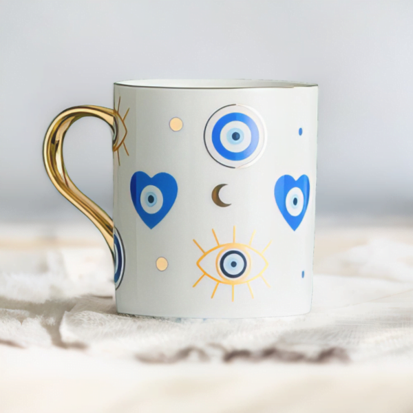 An Azure Heart Mug with blue and white designs.