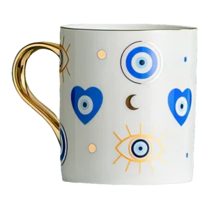 An Azure Heart Mug with blue and gold designs.