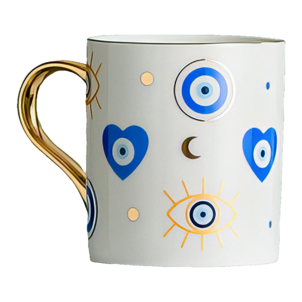 An Azure Heart Mug with blue and gold designs.