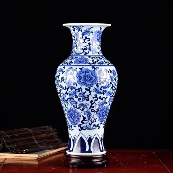 Blue and White ceramic vase, elegant classic shape with flowers print