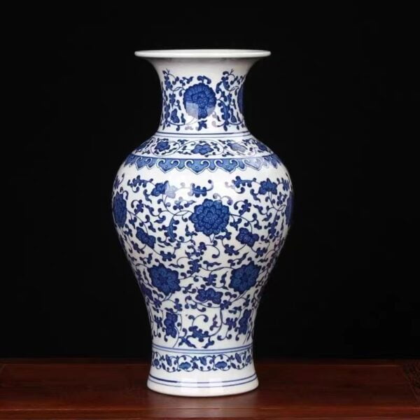 WHITE AND blue ceramic vase, elegant classic shape with flowers print