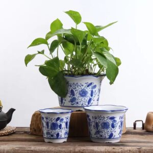 a set of 3 diffrent size white and blue planters witha wavey edges , can put artificial plants or flowers or a small size real plants.