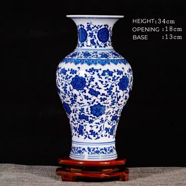 WHITE AND blue ceramic vase, elegant classic shape with flowers print