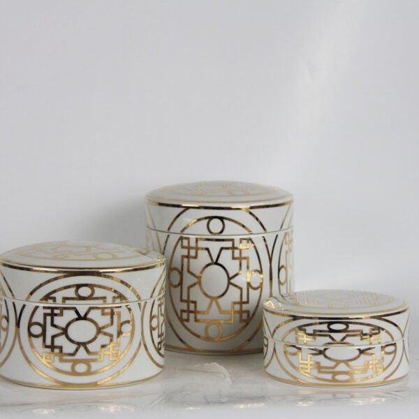 ceramic 3 white and gold different size canister with lid
