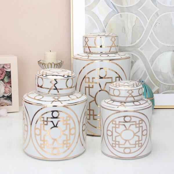 3 ceramic white and gold jars with lid