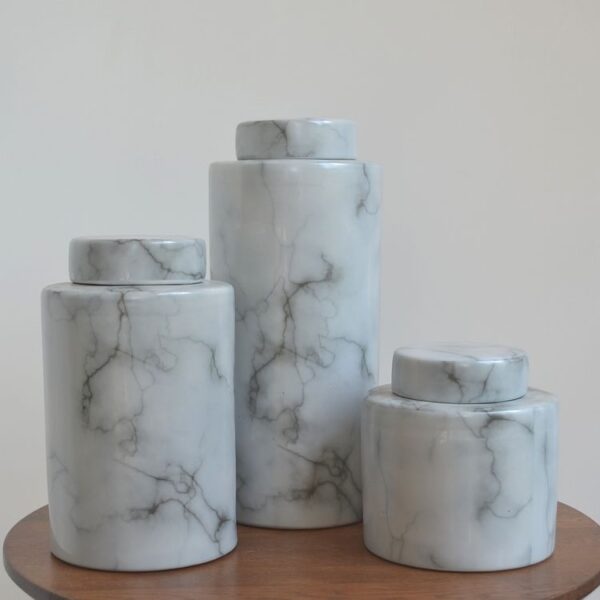 A set of 3 beautiful marble jars with lids