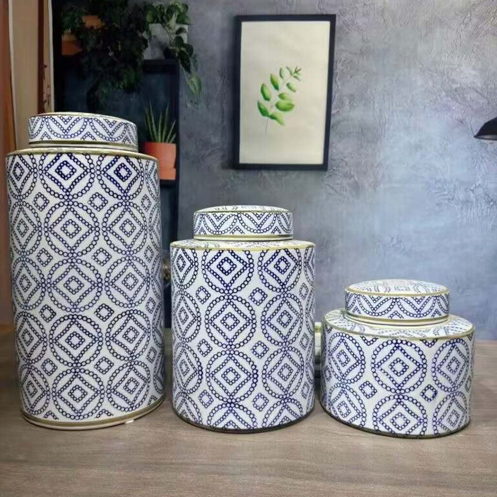 3 beautiful porcelain white and blue jar set with matching lids in a simple yet elegant design
