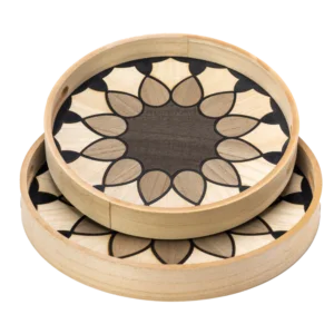 Two nested wooden serving trays with mosaic flower pattern