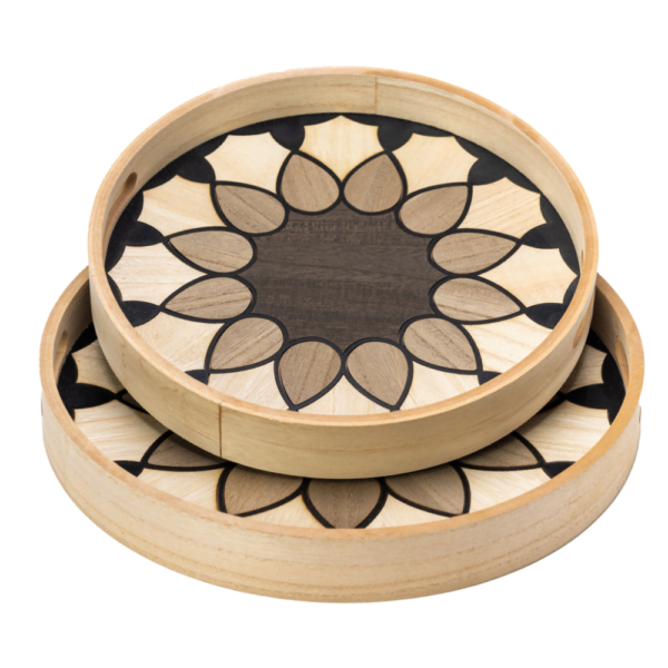 Two nested wooden serving trays with mosaic flower pattern