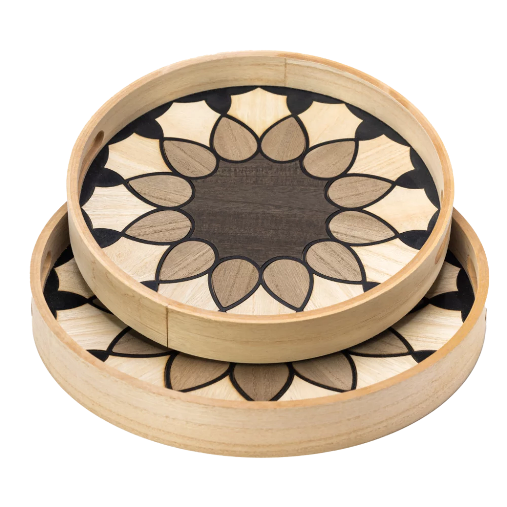 Two nested wooden serving trays with mosaic flower pattern