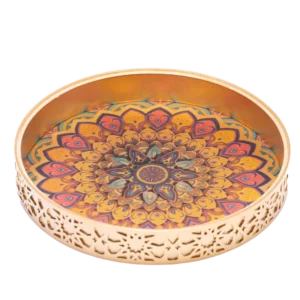 A vibrant gold decorative tray with an intricate and colourful design.