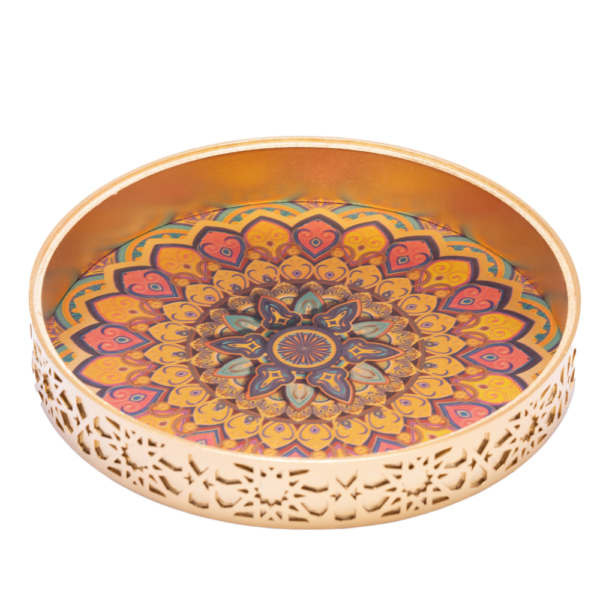 A vibrant gold decorative tray with an intricate and colourful design.