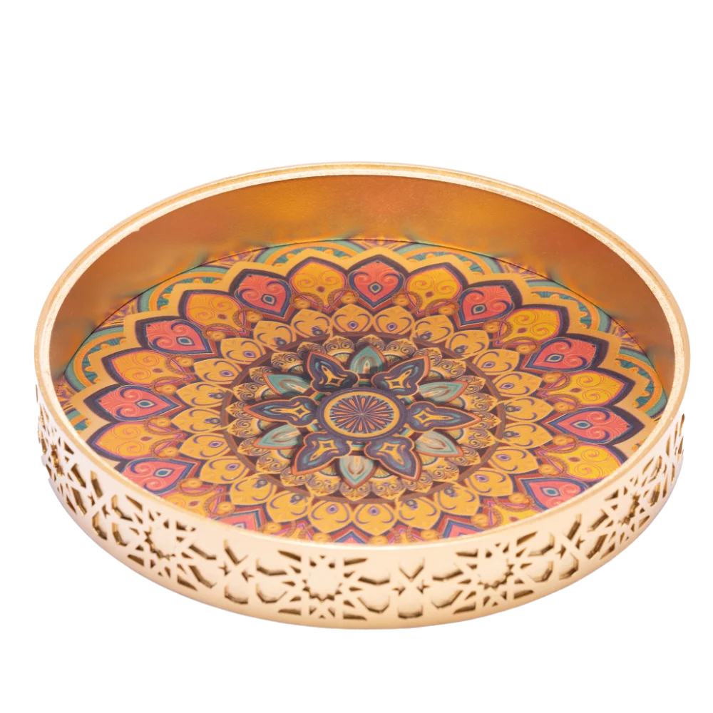 A vibrant gold decorative tray with an intricate and colourful design.