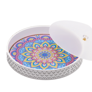 a white decorative tray with frosted white lid.