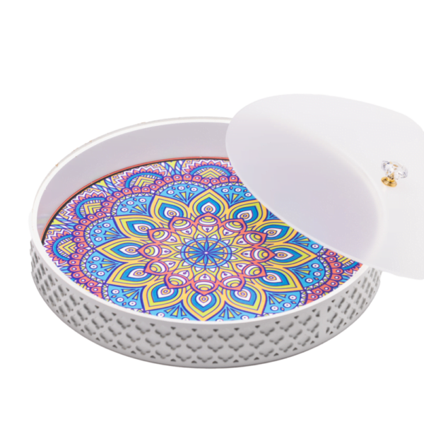 a white decorative tray with frosted white lid.