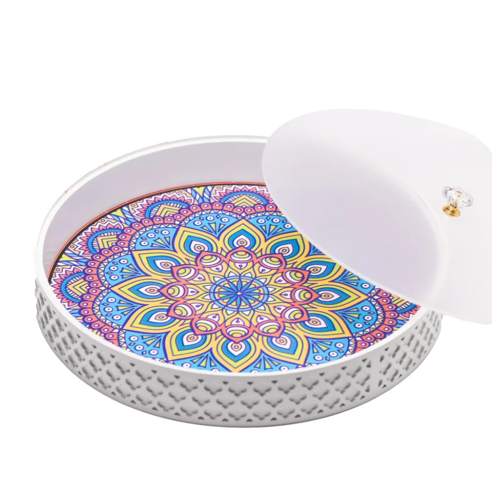 a white decorative tray with frosted white lid.