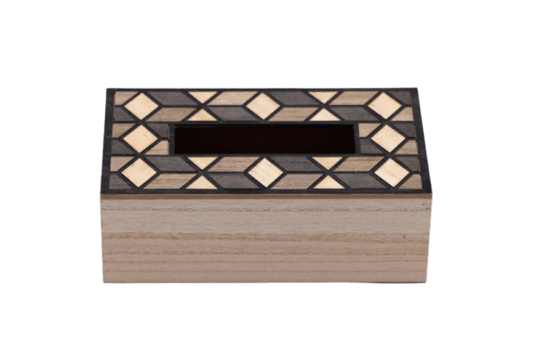 empty wooden tissue box with mosaic pattern design.