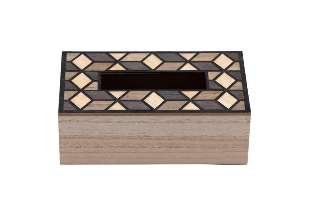empty wooden tissue box with mosaic pattern design.