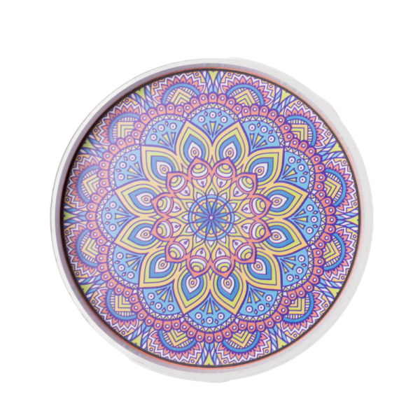 white decorative tray with vibrant colourful patterns.