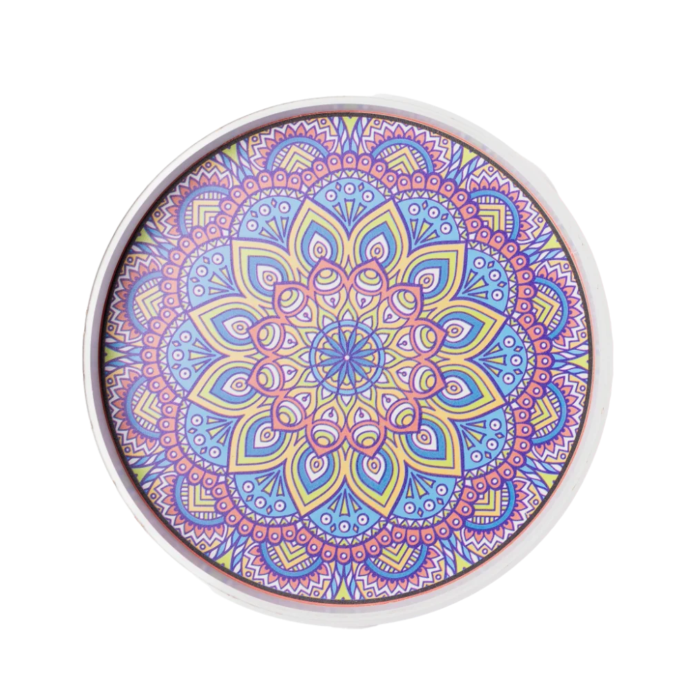 white decorative tray with vibrant colourful patterns.