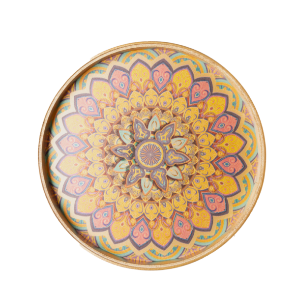 A vibrant gold decorative tray with an intricate and colourful design.