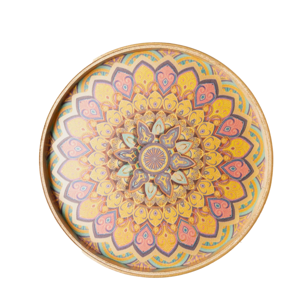 A vibrant gold decorative tray with an intricate and colourful design.