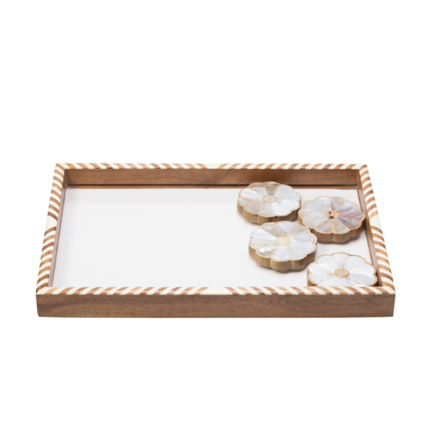 wooden tray with 4 matching coasters all adorned with mother of pearl inlay.