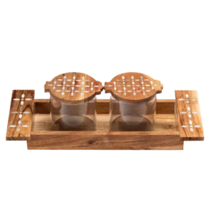 short wooden decorative tray with 2 canisters