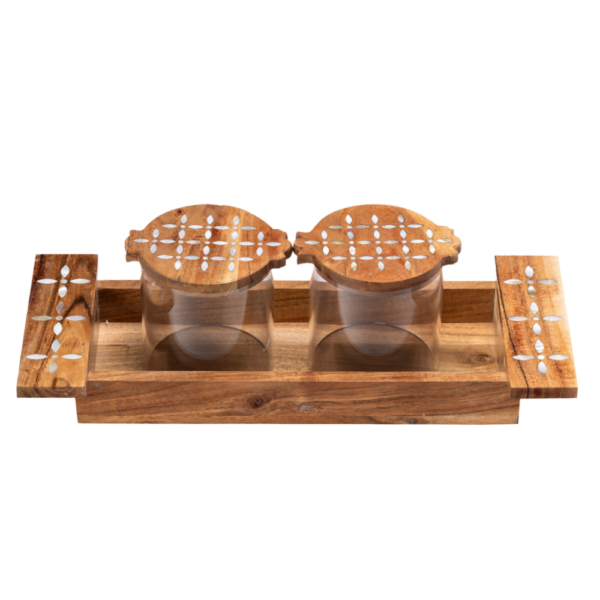 short wooden decorative tray with 2 canisters