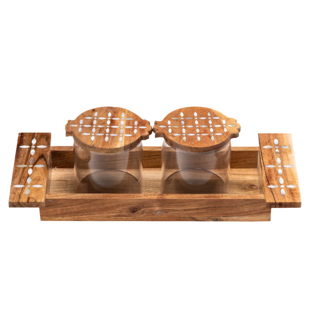 short wooden decorative tray with 2 canisters