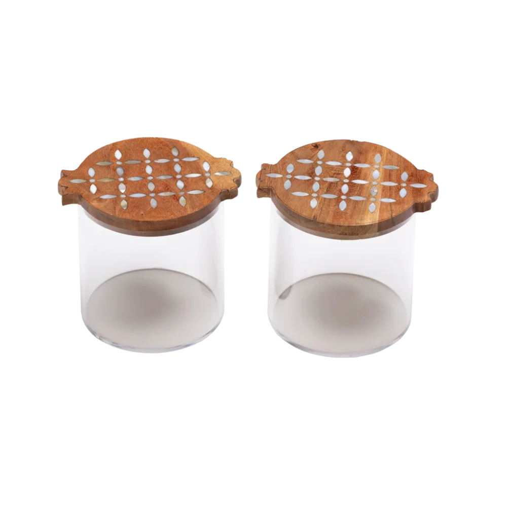 2 wood and acrylic canisters.