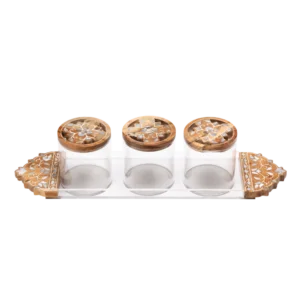Wood Rectangle Tray Set, consists of a long acrylic and wood tay with gorgeous mother of pearl floral pattern, and 3 matching acrylic and wood canisters