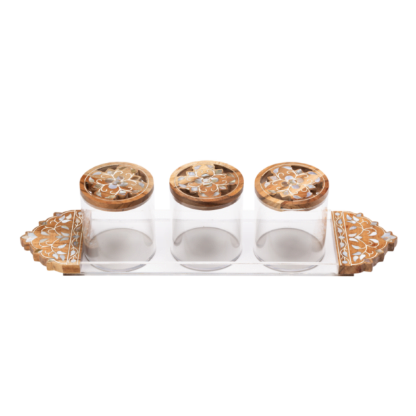 Wood Rectangle Tray Set, consists of a long acrylic and wood tay with gorgeous mother of pearl floral pattern, and 3 matching acrylic and wood canisters