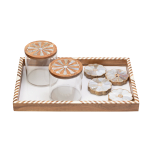 wooden tray with 4 coasters and 2 canisters all adorned with mother of pearl inlay.