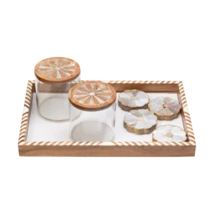 wooden tray with 4 coasters and 2 canisters all adorned with mother of pearl inlay.