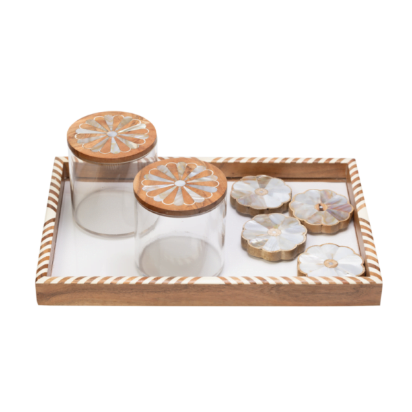 wooden tray with 4 coasters and 2 canisters all adorned with mother of pearl inlay.
