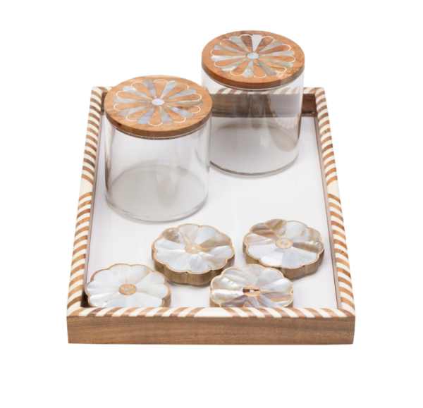 wooden tray with 4 coasters and 2 canisters all adorned with mother of pearl inlay.