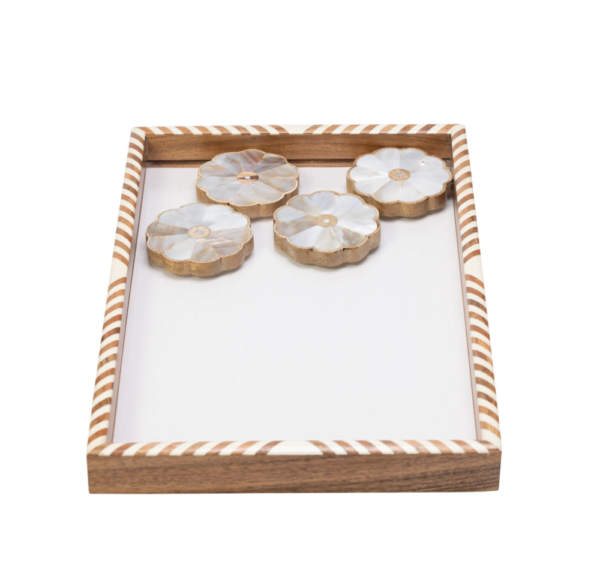 wooden tray with mother of pearl inlay.