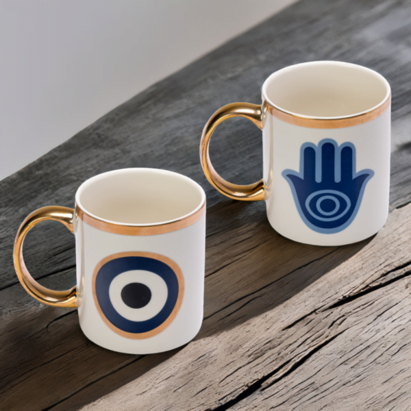 Evil Eye and Hamsa Hand White Ceramic Mugs