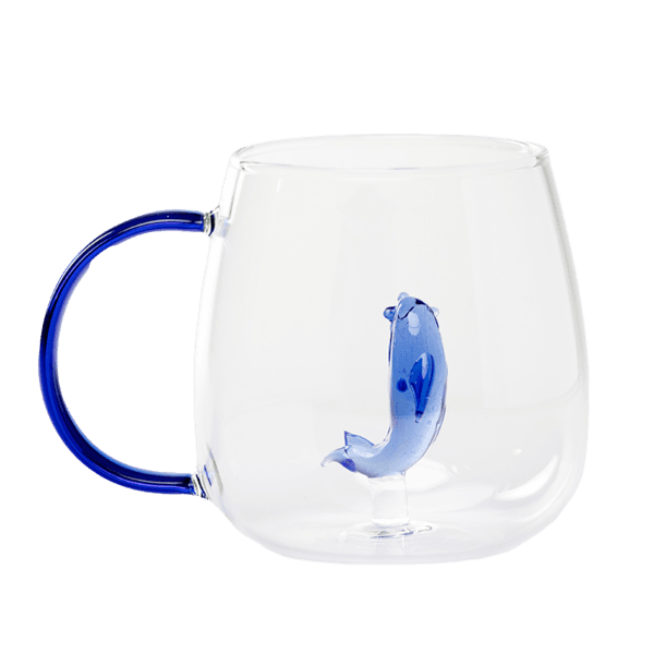 Glass cup with blue handle and 3D blue dolphin inside