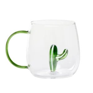 Glass cup with green handle and 3D green cactus inside