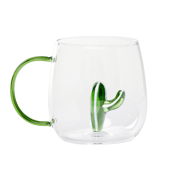 Glass cup with green handle and 3D green cactus inside