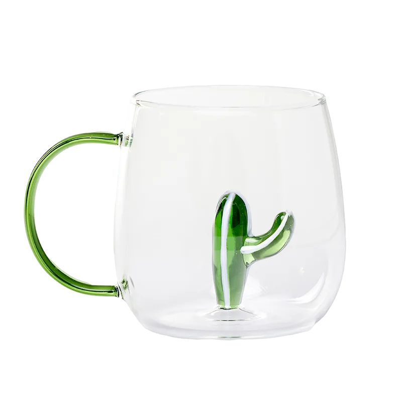Glass cup with green handle and 3D green cactus inside