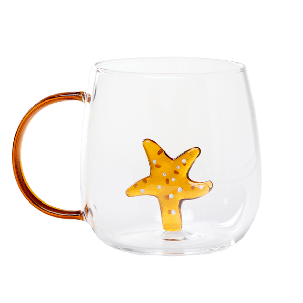 Glass cup with orange handle and 3D orange starfish inside