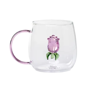 Glass cup with pink handle and 3D pink rose flower inside